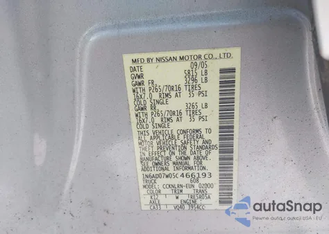 2005 Nissan Frontier Se z USA, uszkodzony, nr VIN 1N6AD07W05C466193